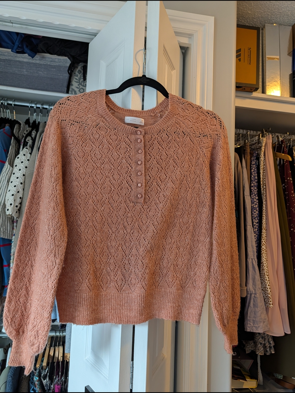 LC Lauren Conrad Lace-Knit Henley Sweater in Dusty Rose